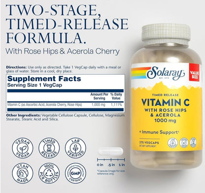 SOLARAY Vitamin C 1000mg Timed Release Capsules with Rose HIPS & Acerola Bioflavonoids