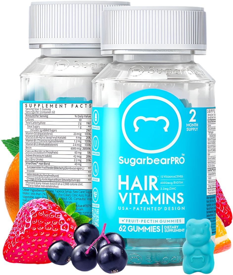 Sugarbear Hair Vitamin Gummy 2 Month Supply Extra Strength Biotin 6000mcg, Growth for Men & Women, Vegan Vitamin B12, MSM, Inositol, Omega 3, Elderberry, Certified Kosher, Halal, Cruelty-Free