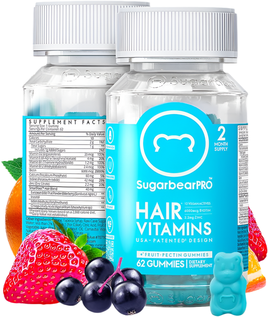 Sugarbear Hair Vitamin Gummy 2 Month Supply Extra Strength Biotin 6000mcg, Growth for Men & Women, Vegan Vitamin B12, MSM, Inositol, Omega 3, Elderberry, Certified Kosher, Halal, Cruelty-Free