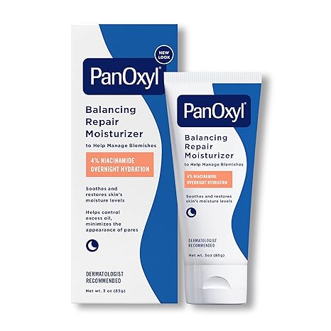 PanOxyl PM Balancing Repair Moisturizer with Niacinamide, Ceramides and Cica, Hydrating Face Moisturizer, Acne Prone Skin and Dry Skin, Non-Comedogenic Night Face Moisturizer, 3 oz