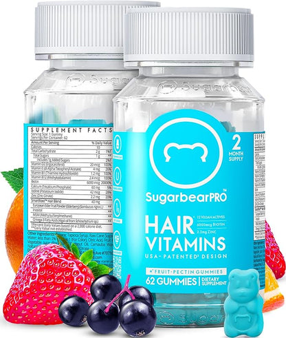 Sugarbear Hair Vitamin Gummy 2 Month Supply Extra Strength Biotin 6000mcg, Growth for Men & Women, Vegan Vitamin B12, MSM, Inositol, Omega 3, Elderberry, Certified Kosher, Halal, Cruelty-Free