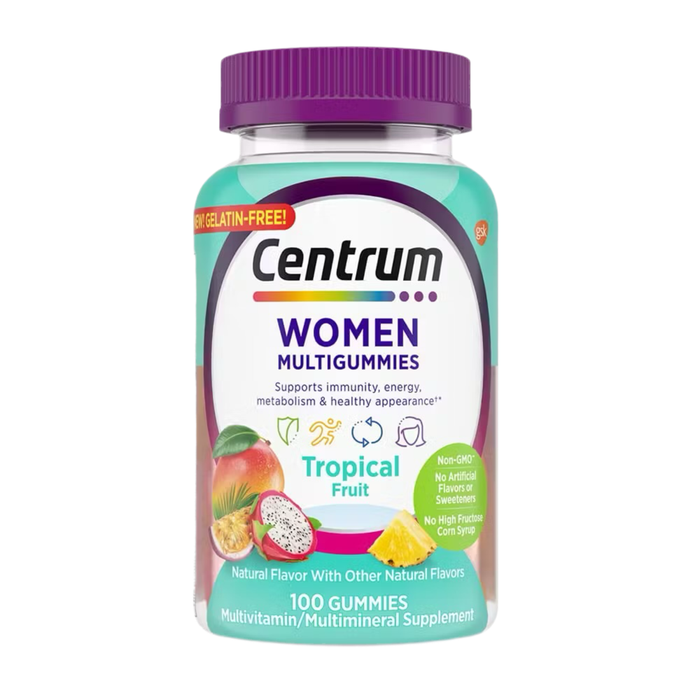 Centrum Women's Multivitamin Gummies, Tropical Fruit Flavors Made from Natural Flavors, 100 Count, 50 Day Supply