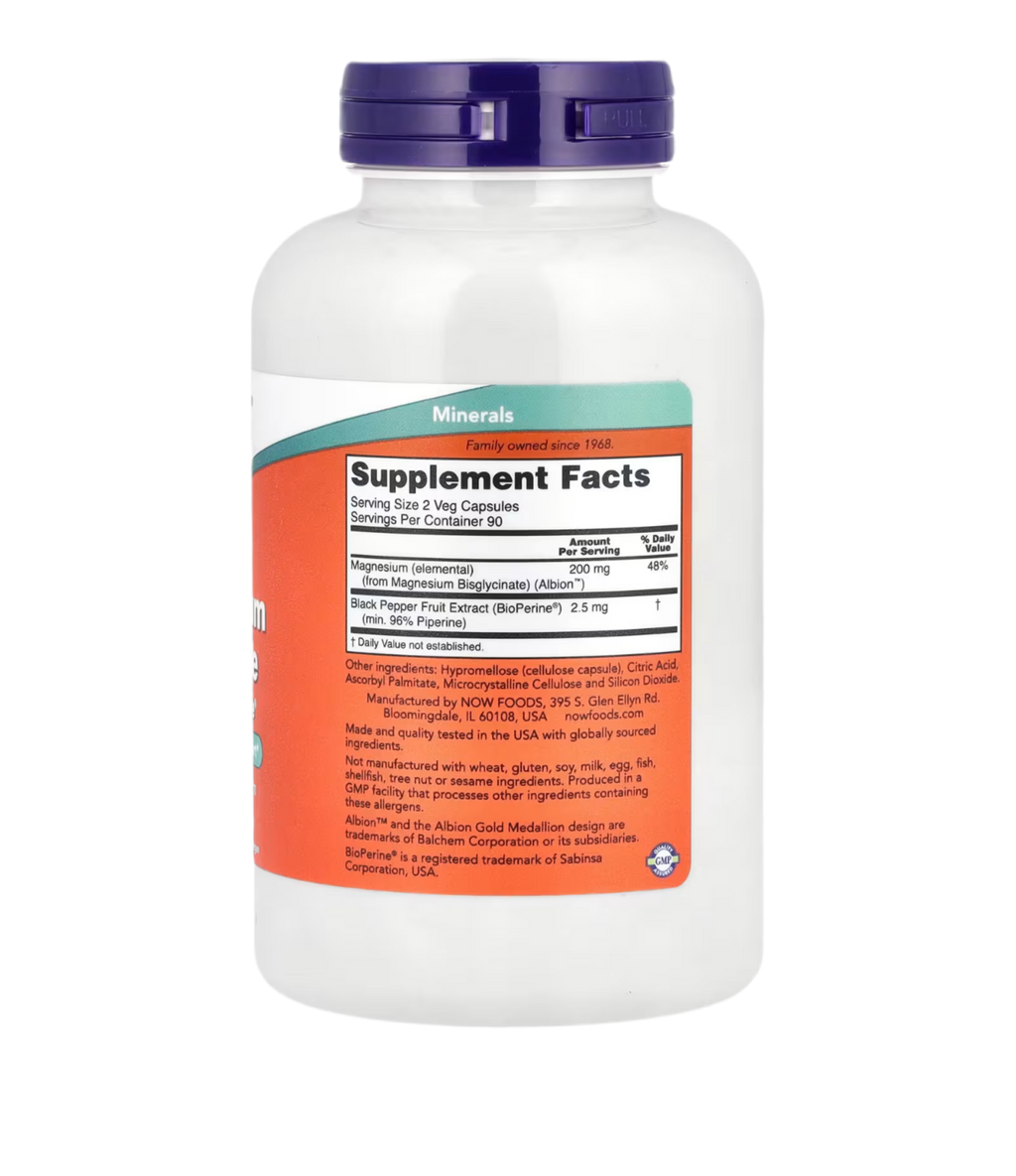 NOW Foods Supplements, Magnesium Glycinate with BioPerine, 180 Veg Capsules