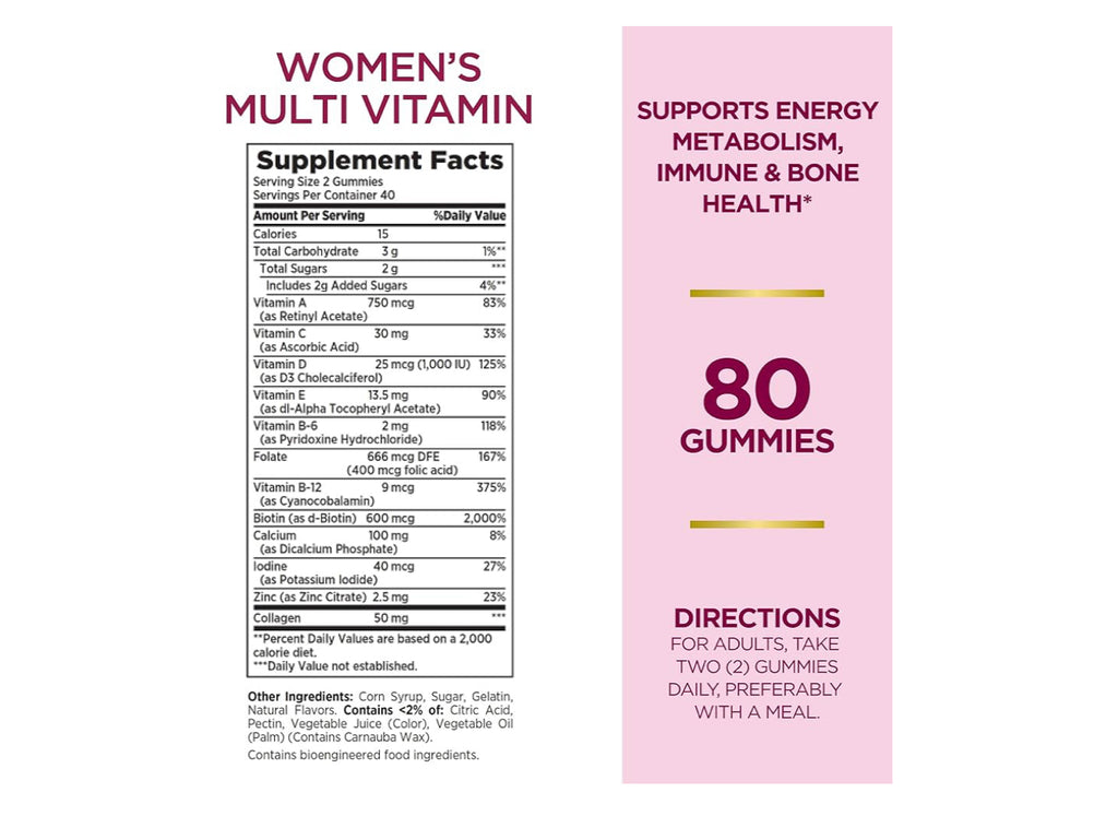 Nature's Bounty Optimal Solutions Women's Multivitamin, Immune and Cellular Energy Support, Bone Health, Raspberry Flavor, 80 Gummies