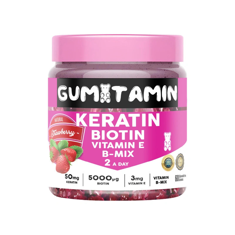 Gumitamin Keratin Hair and Nail Vitamin Gummy, Biotin 5000, Zinc, E, B12, B6, B5